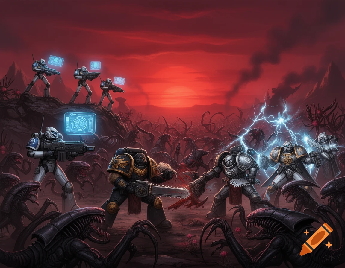 Armored space marines, including Grey Knights, Space Wolves, and Tau-like soldiers, battle monstrous Tyranid aliens on a desolate red-skied planet.