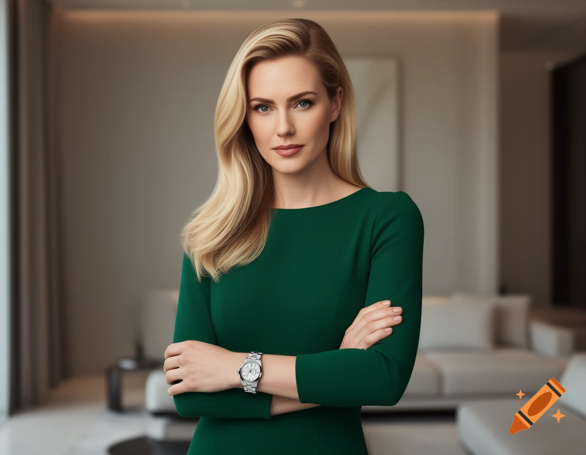 A sophisticated blonde woman in a green dress stands with crossed arms, wearing a silver watch, in a modern interior.