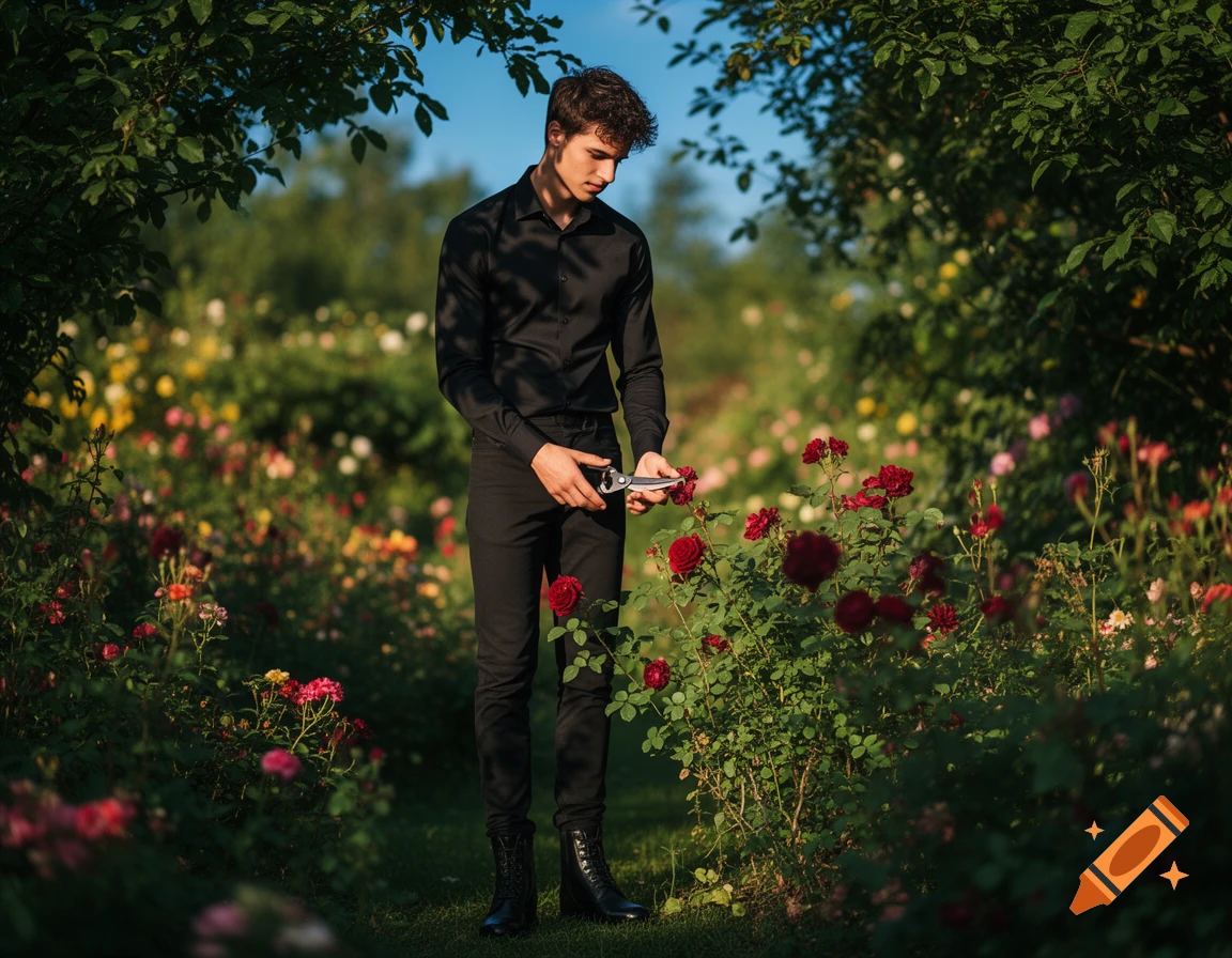 A young man in black clothes uses pruning shears on a red rose bush in a sunny, photorealistic garden.