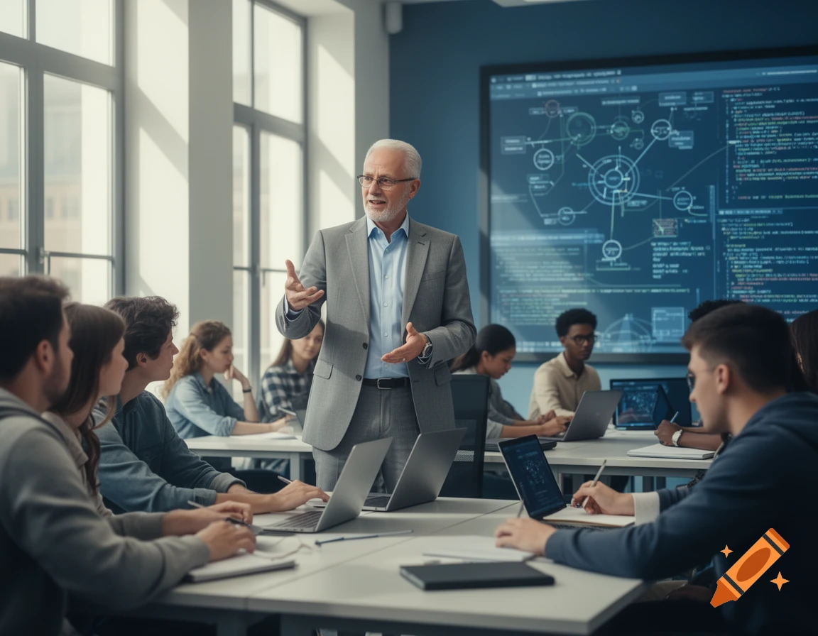 A male computer science professor lectures students in a modern classroom with a large screen displaying unreadable code and diagrams.