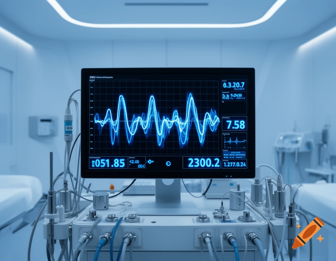 A medical monitor displays glowing blue waveform data and various readings on a control panel in a sterile, blue-lit room.