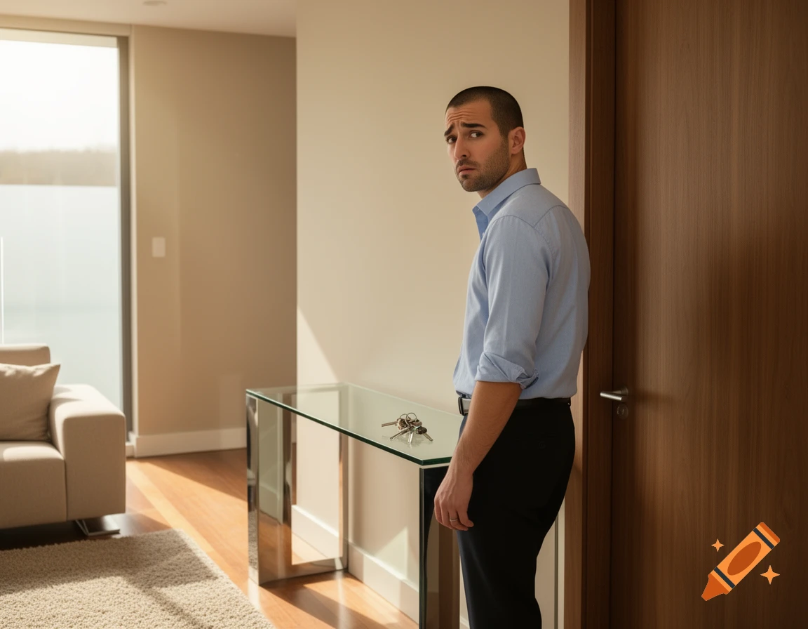 Puzzled man standing by a door in a modern home, keys on a glass table, sunlight from a window, photorealistic.