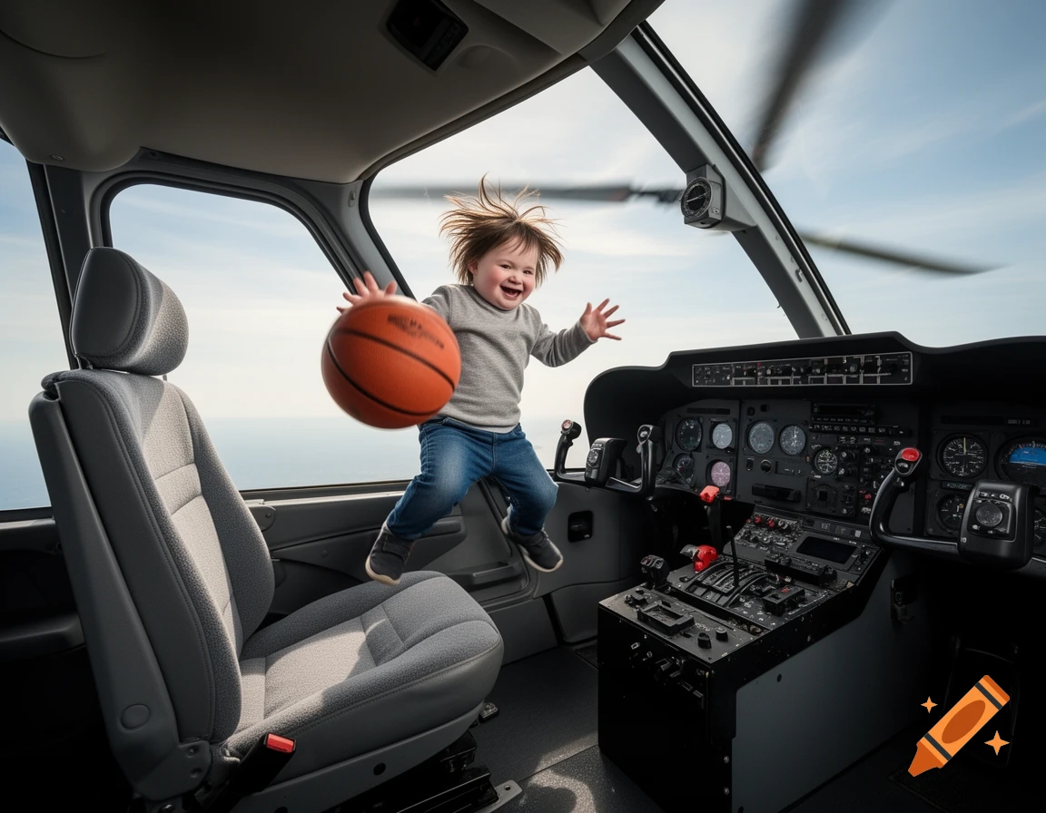 Happy child with wild hair jumping in a helicopter cockpit, holding a basketball, photorealistic style.