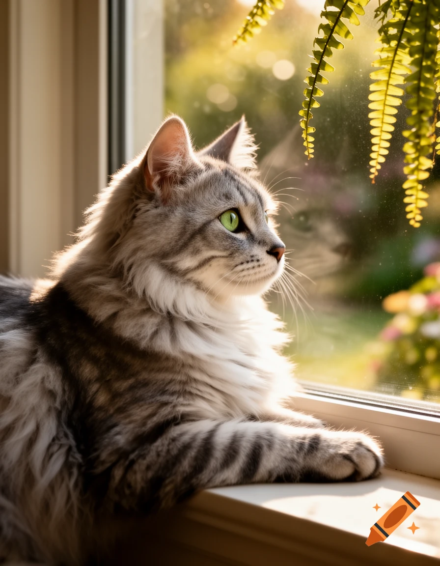A fluffy grey tabby cat with bright green eyes sits on a sunlit ...