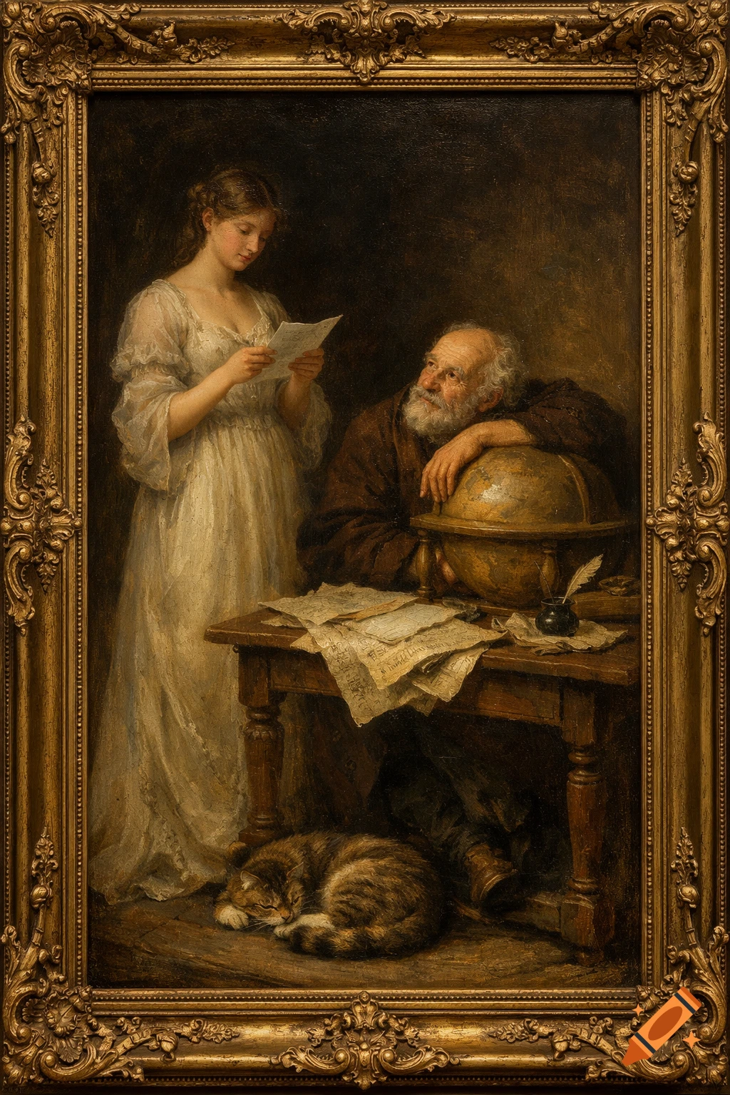 A classical painting in a gold frame shows a woman reading a letter to an old man leaning on a globe, with a sleeping cat at his feet.