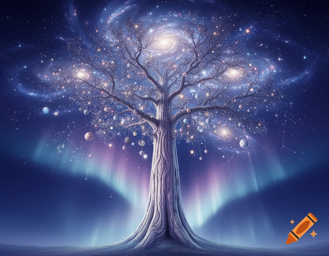 A majestic cosmic tree with a thick trunk and branches laden with ...