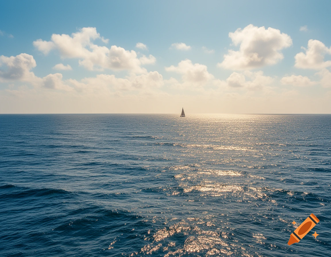 Photorealistic image of a sailboat on a vast blue sea under a partly cloudy sky with sun reflection on the water.