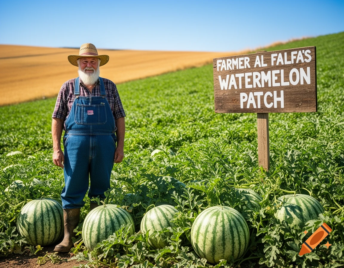 A smiling old farmer in overalls stands proudly in his bountiful watermelon patch under a clear blue sky.