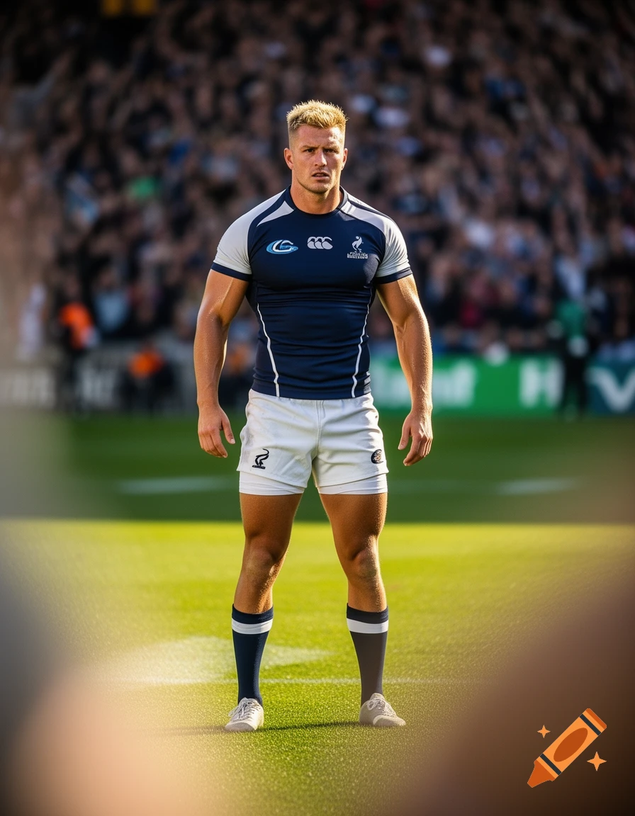 A muscular blond male rugby player in a dark blue and white uniform stands on a green field in a large stadium.