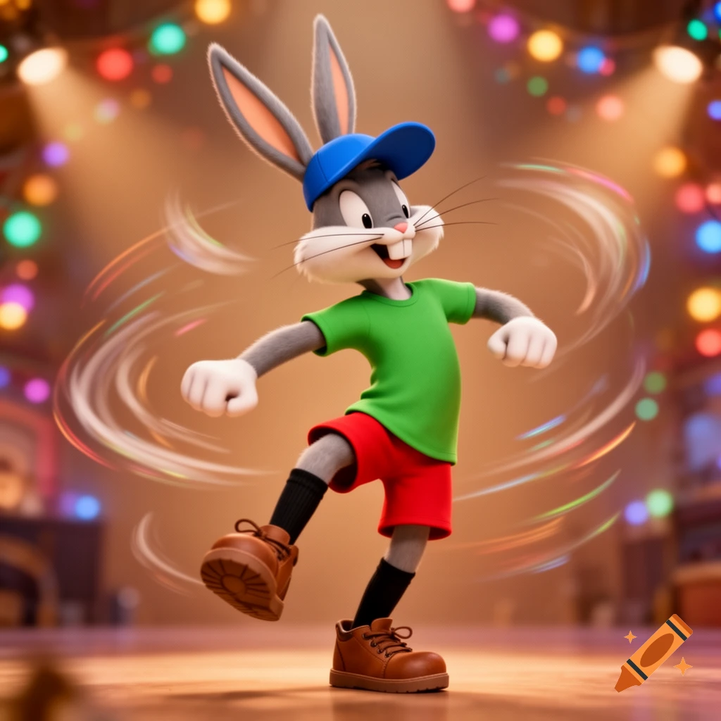 3D cartoon Bugs Bunny dancing in a green t-shirt, red shorts, blue cap, black socks, and brown trainers on a stage with colorful lights.