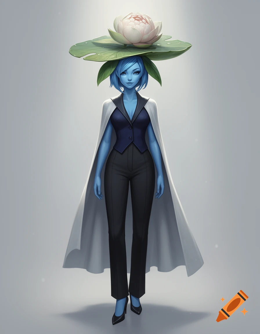 A blue-skinned plant-alien woman with a large water lily on her head, wearing a dark jumpsuit and white cape. Semi-realistic illustration.