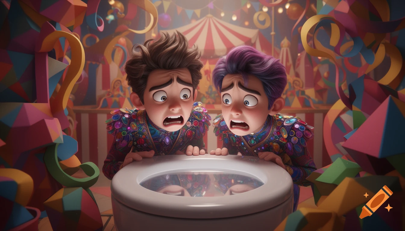 Two cartoon boys, resembling Jax and Pomni, look terrified into a toilet bowl amidst a colorful, geometric circus setting.