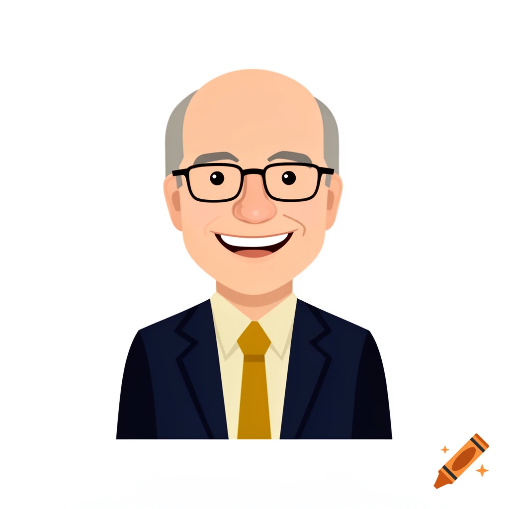 A cartoon portrait of a smiling bald man with glasses, wearing a dark suit and gold tie.