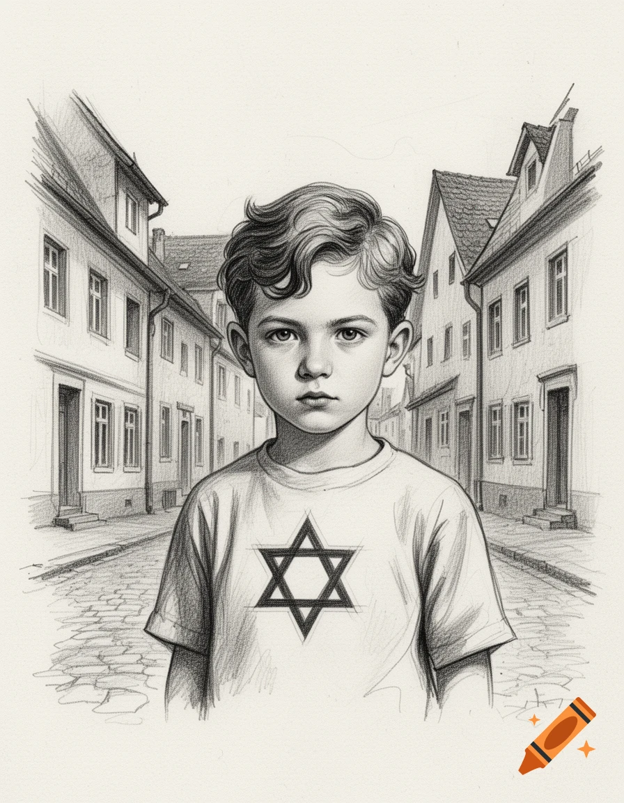 Black and white sketch of a boy with a Star of David on his shirt, standing in a 1940s German town street.