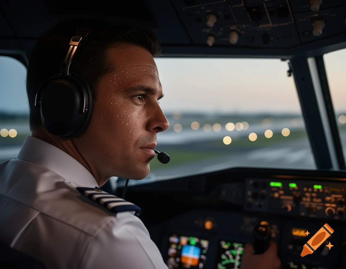 A sweating male pilot wearing a headset intently looks out the cockpit window during a photorealistic landing.