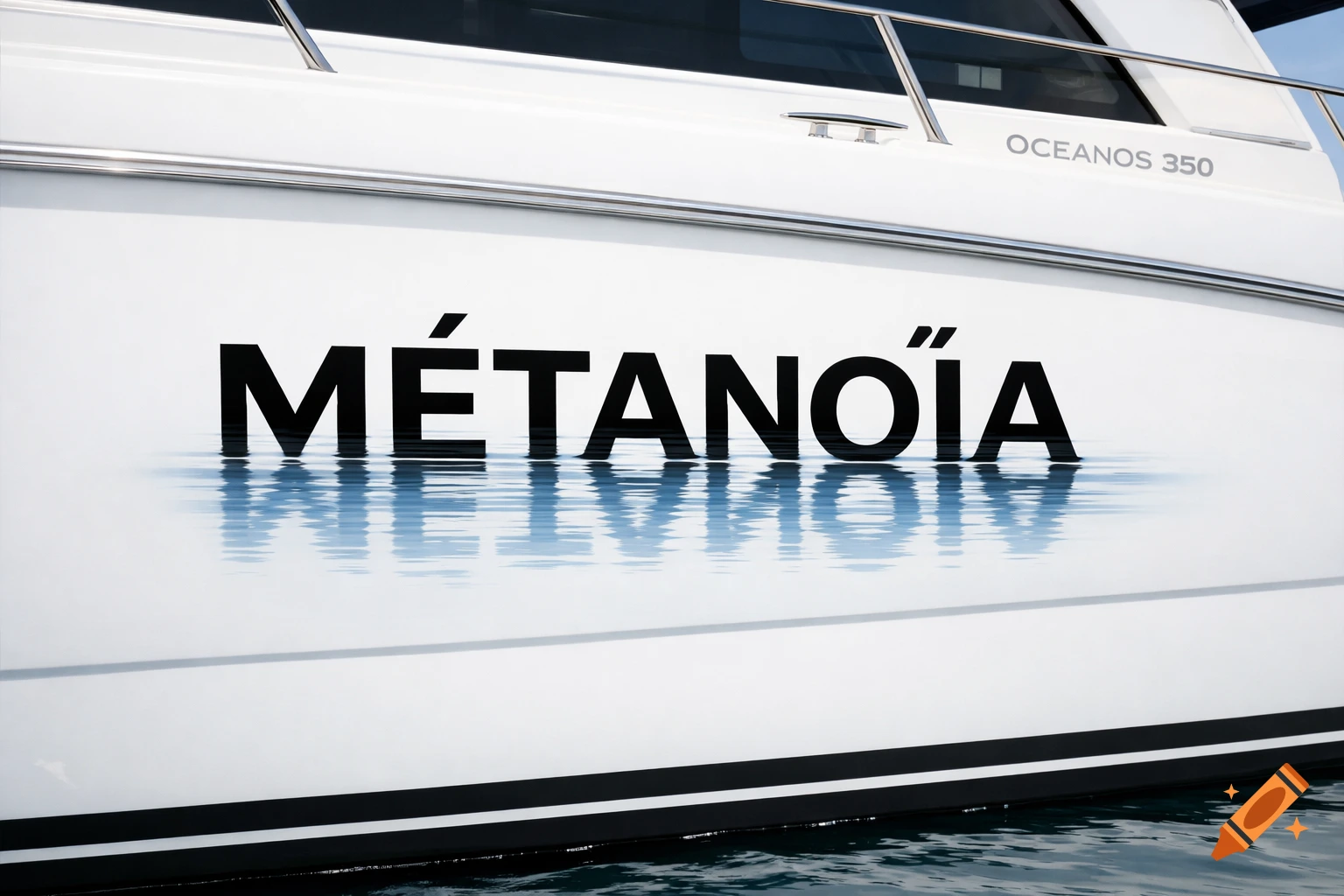 White boat hull with "MÉTANOÏA" in black text partially submerged, reflecting in blue water. "OCEANOS 350" is above.