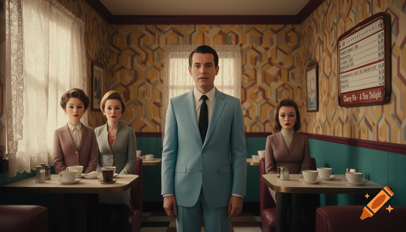 A man in a light blue suit stands between two tables where two women sit in a retro diner with geometric wallpaper.