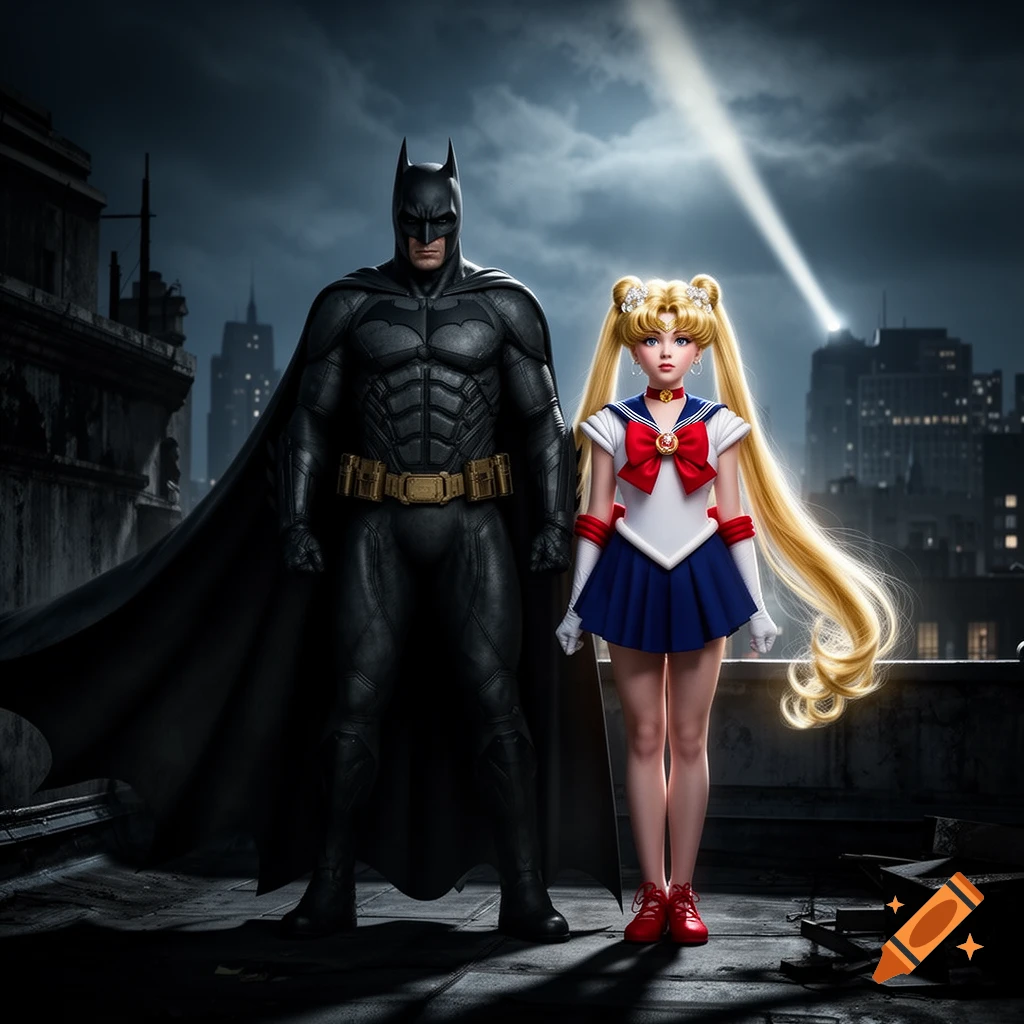 Batman and Sailor Moon stand side-by-side on a dark rooftop with a cityscape and spotlight in the background, photorealistic style.
