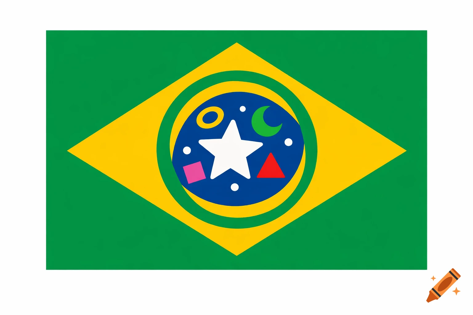 A stylized green and yellow flag resembling Brazil's, featuring a blue circle with a white star and colorful geometric shapes.