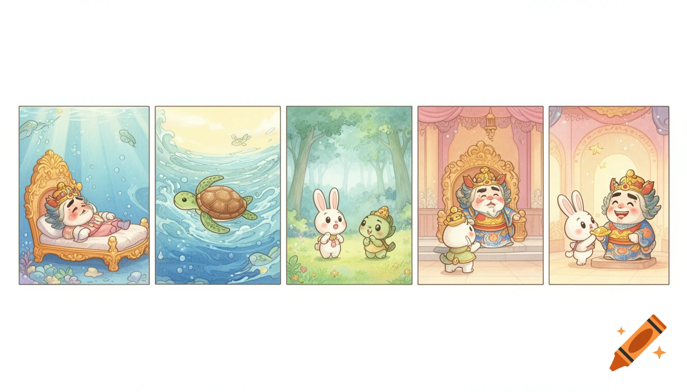 A five-panel comic strip in a children's book style. It depicts a story of a sick dragon king, a turtle swimming to land, the turtle meeting a rabbit in a forest, the turtle bowing to the king, and the rabbit presenting a golden item to the smiling king.