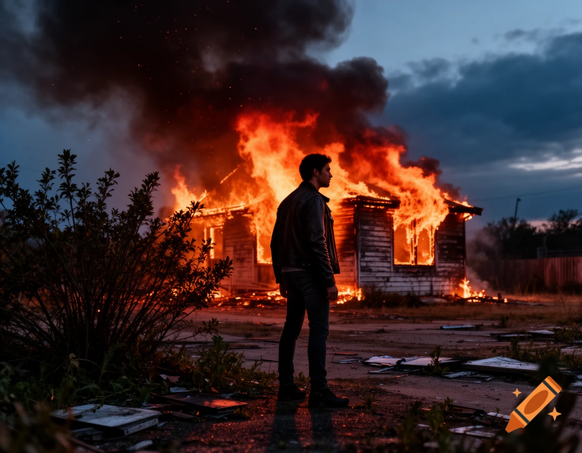 A man stands in front of a burning house under a dark, smoke-filled sky at dusk, looking into the flames.