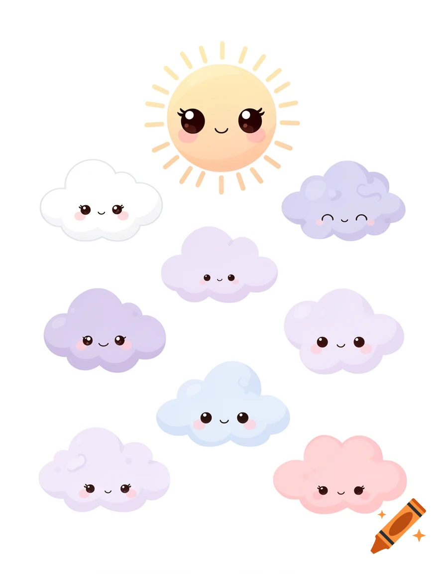 A kawaii illustration featuring a smiling sun surrounded by several smiling, colorful clouds in a flat vector style.