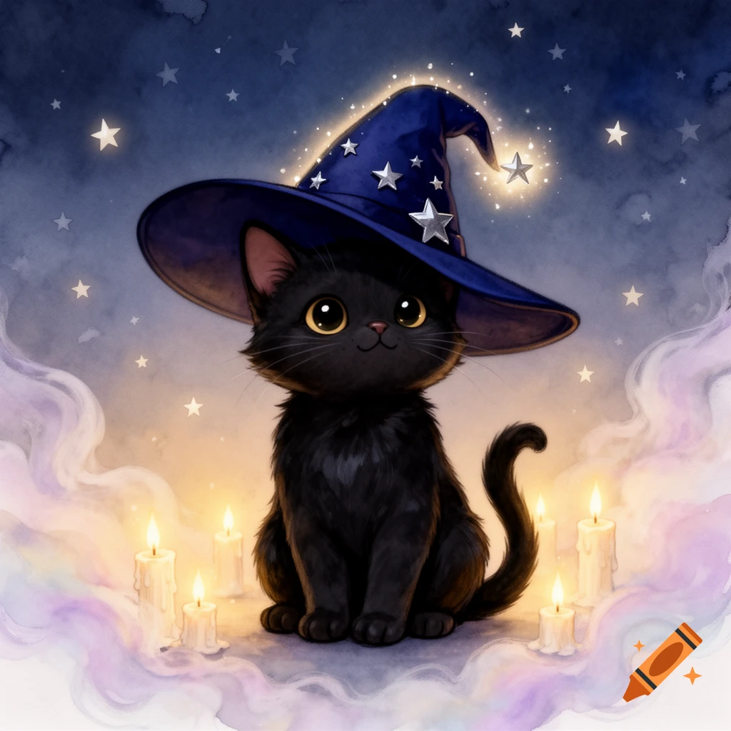 Cute black cat wearing a blue witch hat with stars, sitting among glowing candles and purple clouds under a starry night sky, watercolor style.