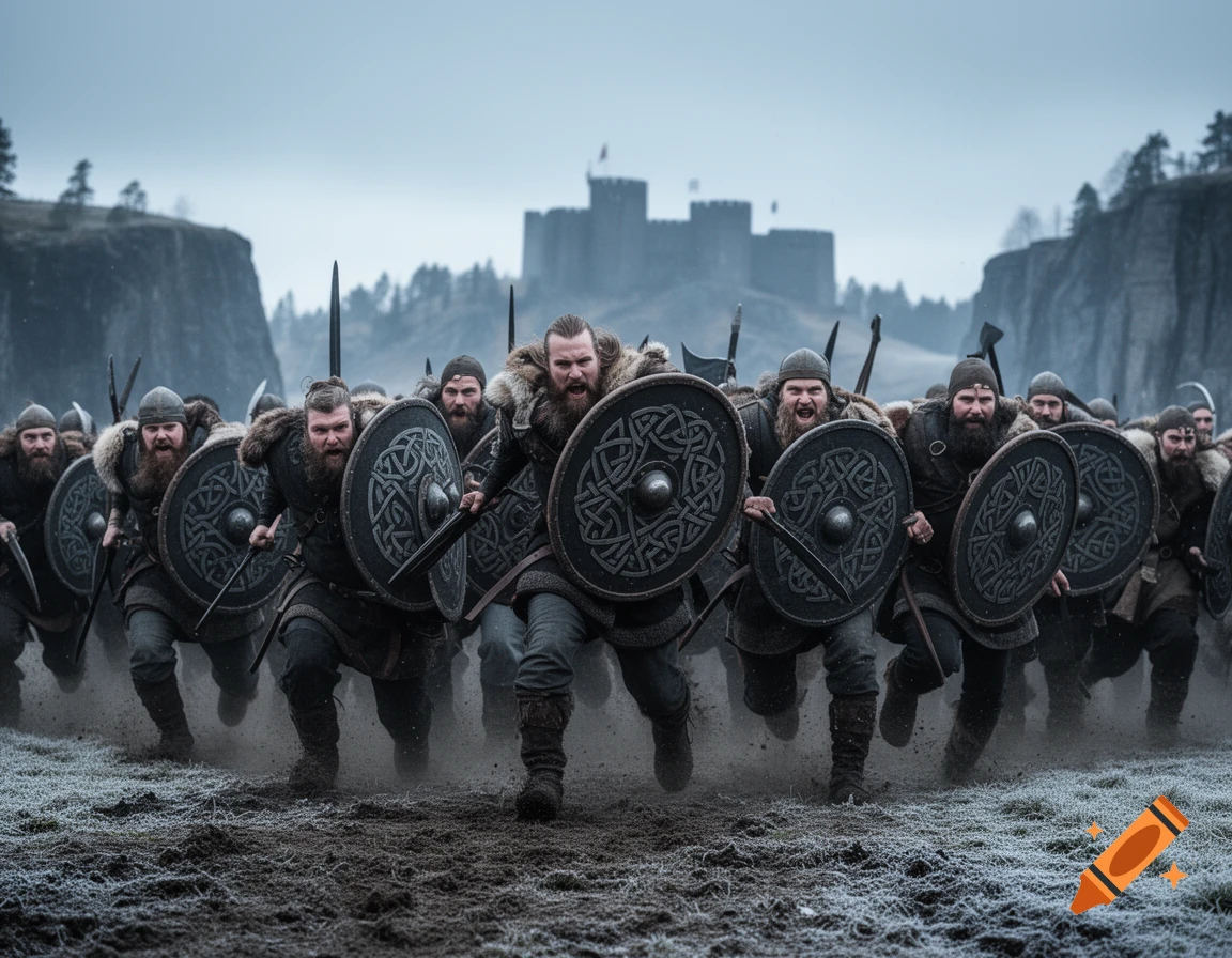 A group of bearded Vikings in fur-trimmed armor charge forward with round shields and weapons, a castle in the background.
