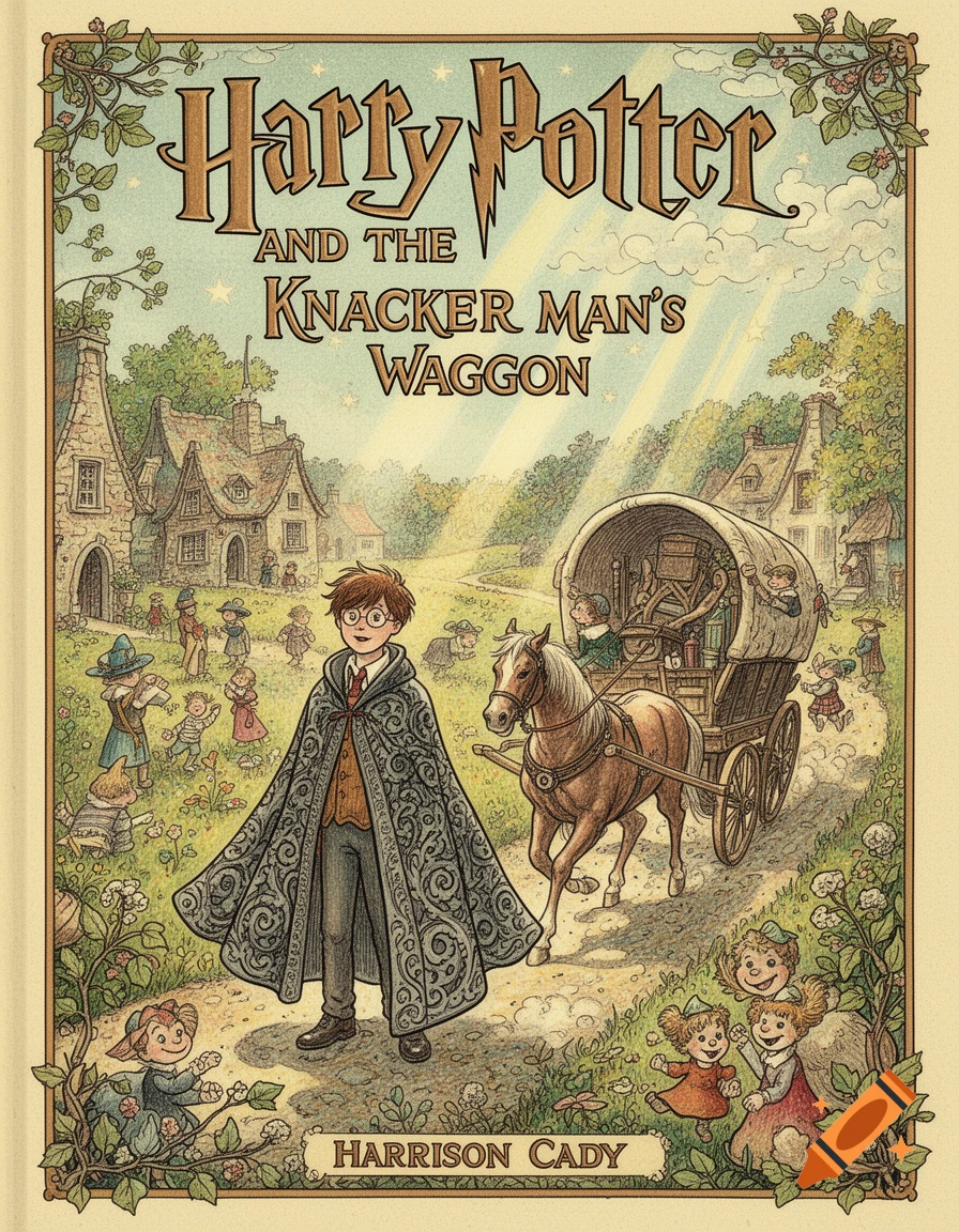An illustrated book cover for 'Harry Potter and the Knacker Man's Waggon' in Harrison Cady's style. Harry stands in a village with a horse-drawn wagon.