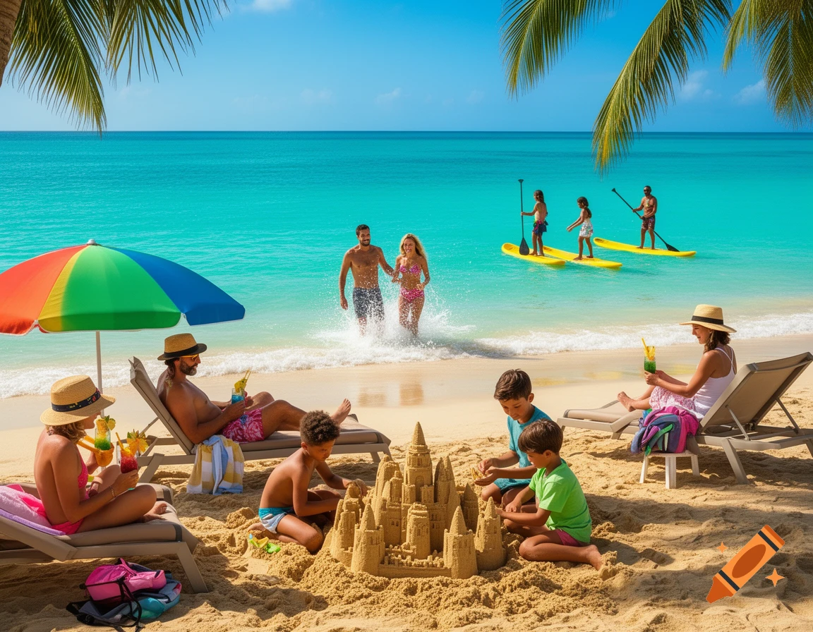 Families enjoy a sunny beach with clear turquoise water, palm trees, sunbathers, children building a sandcastle, and people paddleboarding.