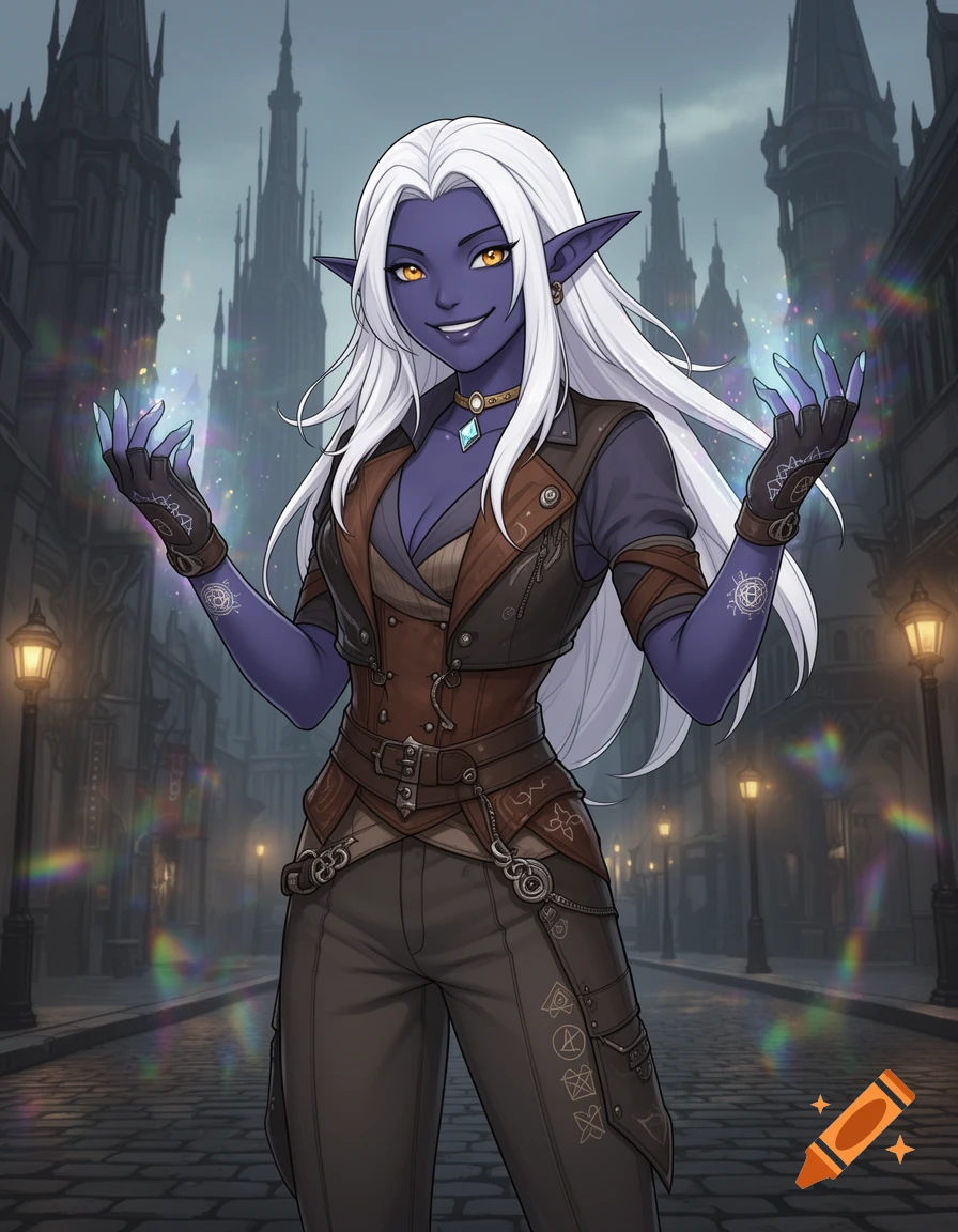 Anime-style Drow elf sorceress with indigo skin, white hair, and amber eyes, smirking and casting prismatic magic on a fantasy urban street.