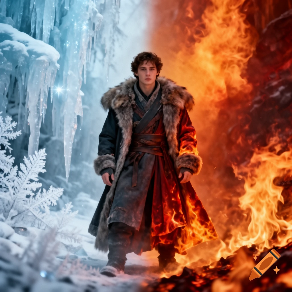 A young person in a fur-trimmed coat stands between a frozen, icy landscape and a blazing, fiery one.