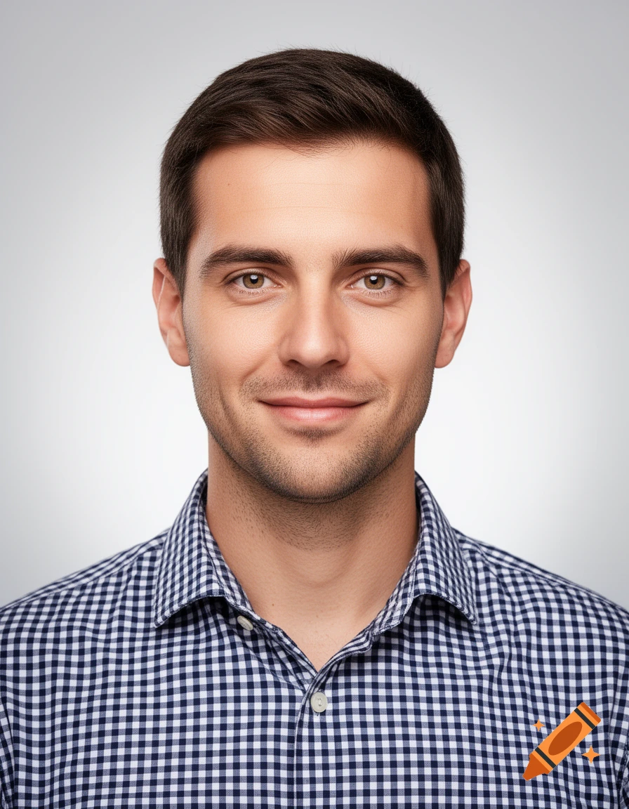 Photorealistic portrait of a smiling man with brown hair and light eyes, wearing a blue and white checkered shirt.