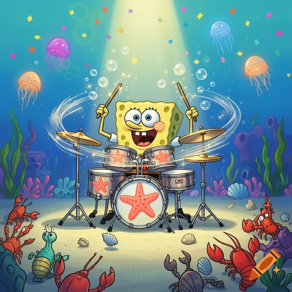 SpongeBob SquarePants plays a drum set adorned with starfish underwater, surrounded by jellyfish, crabs, and marine life in a vibrant cartoon.