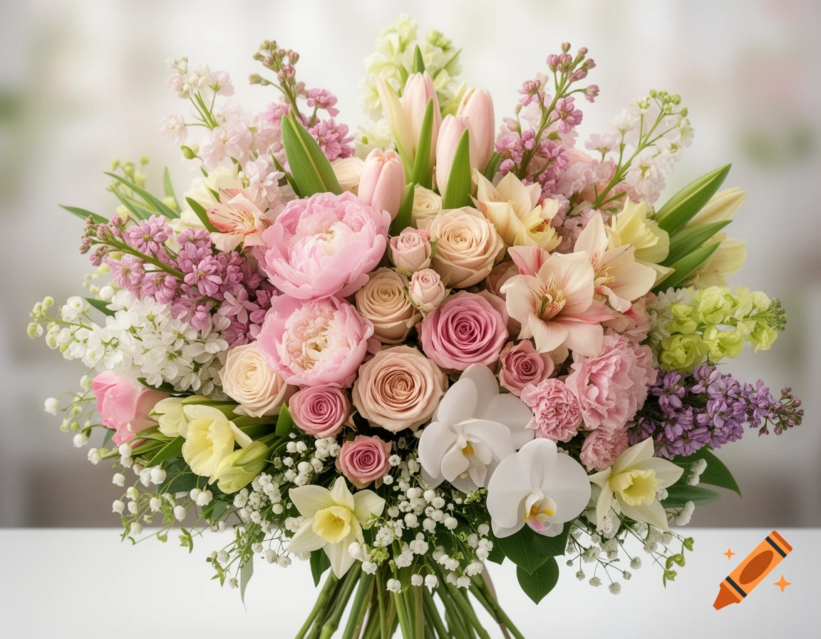 A large, elegant bouquet with pink peonies, roses, white orchids, and yellow daffodils, arranged in a photorealistic style.