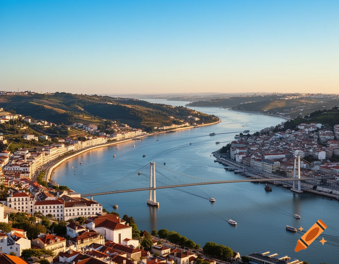 An aerial, photorealistic view of a city with buildings lining a wide river, crossed by a suspension bridge, under a clear sky.