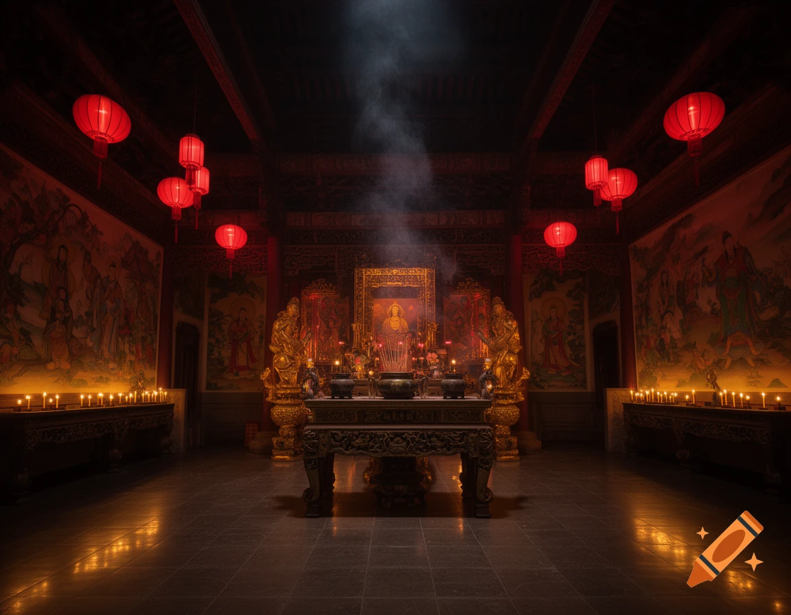 Photorealistic view of a Chinese temple interior at night, with red lanterns, lit candles, and an altar with golden statues and rising smoke.