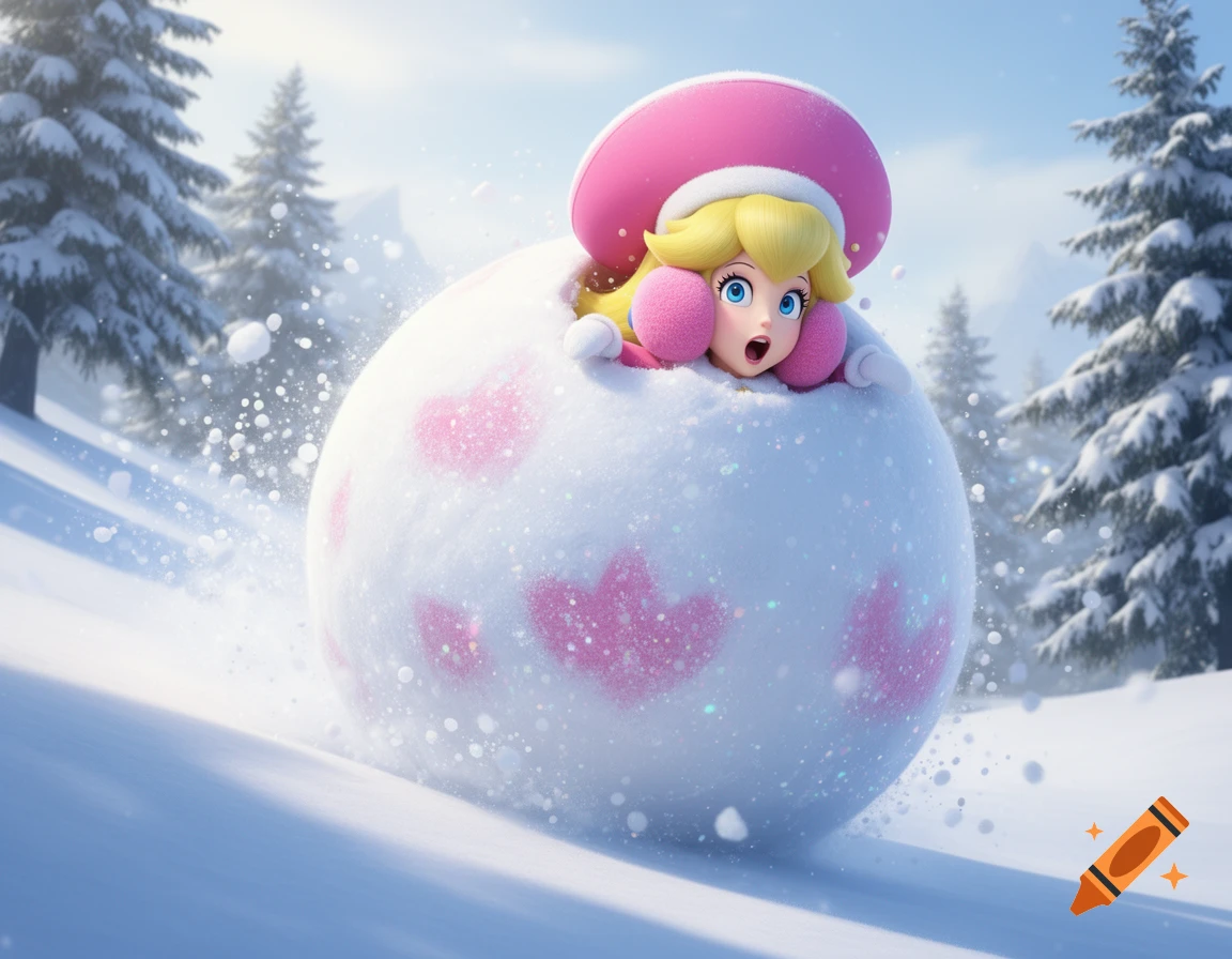 Princess Peach, wearing pink winter hat and earmuffs, stuck in a sparkling snowball with pink hearts, rolling down a snowy mountain with pine trees.