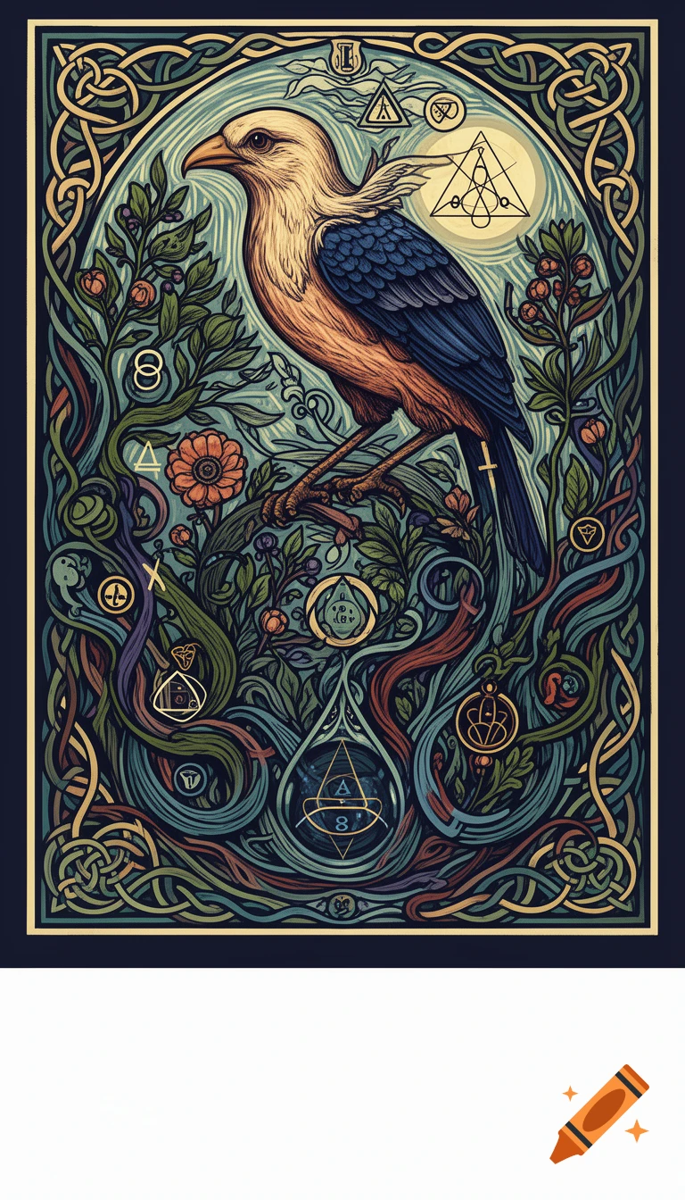Decorative illustration in a Celtic linocut style featuring a bird surrounded by knotwork, leaves, flowers, and alchemical symbols within an arched border.