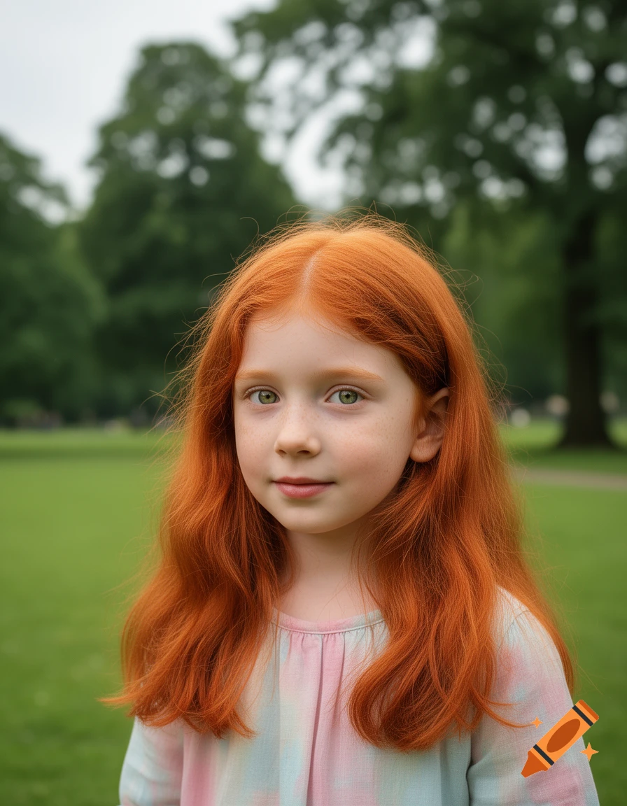 Photorealistic portrait of a young girl with long red hair, green eyes, and freckles, wearing a tie-dye shirt in a green park.