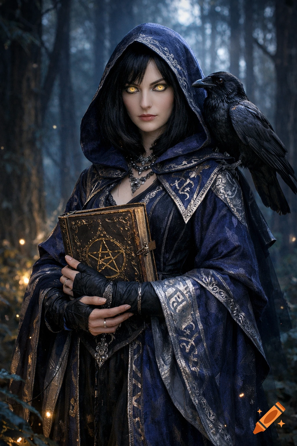 A dark-haired witch with glowing yellow eyes in a hooded blue robe holds a spellbook, a black raven perched on her shoulder in a dark forest.