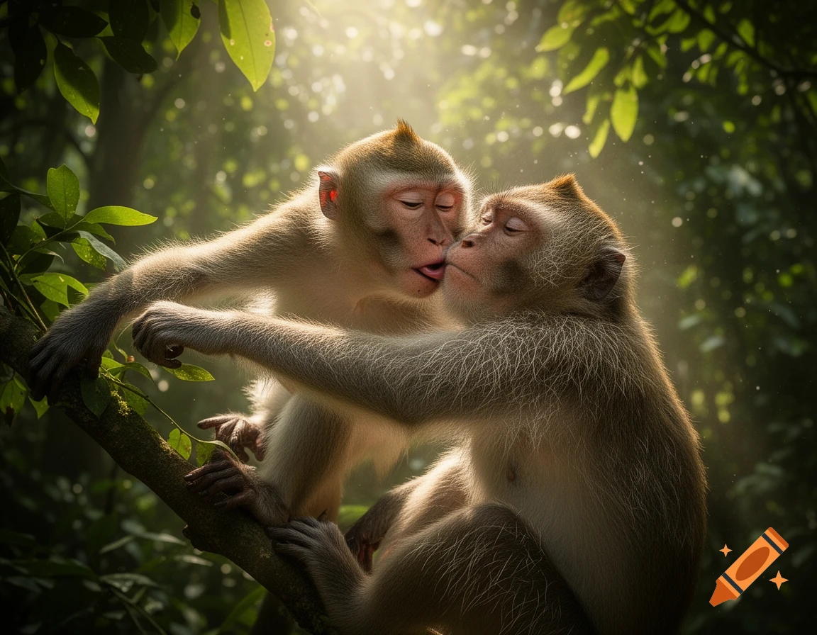 Two photorealistic monkeys show affection, one licking the other, in a sunlit tropical forest.