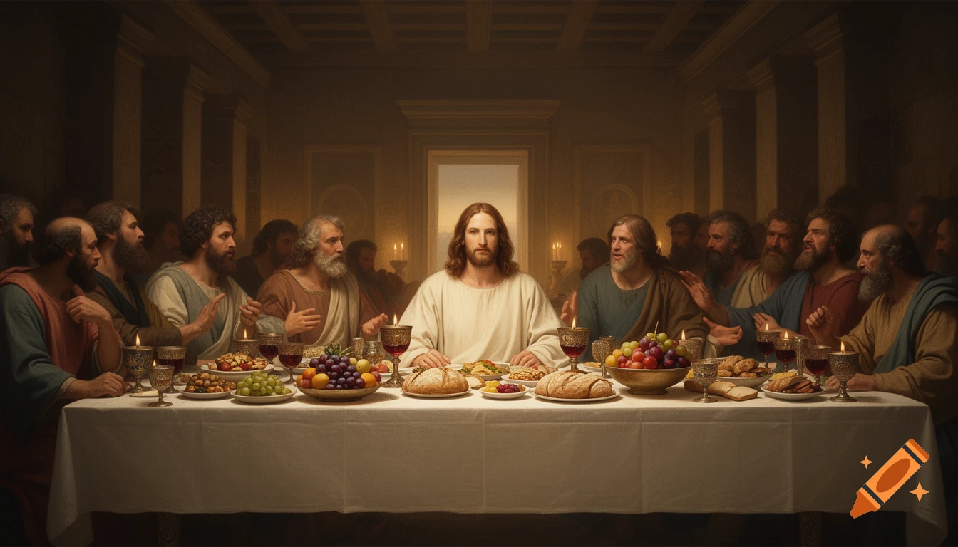 Jesus and his disciples gather at a candlelit table for the Last Supper, in a scene reminiscent of a classical painting.