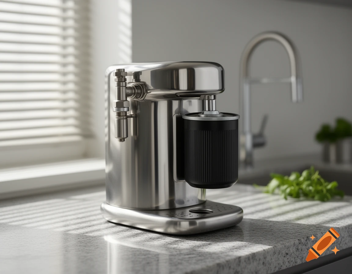Photorealistic image of a sleek stainless steel coffee maker with a black ribbed cylinder on a speckled kitchen counter.