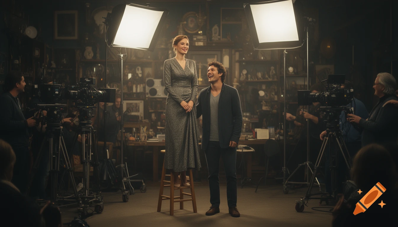 An actress stands on a stool next to an actor on a movie set, surrounded by film crew and cameras under bright lights.