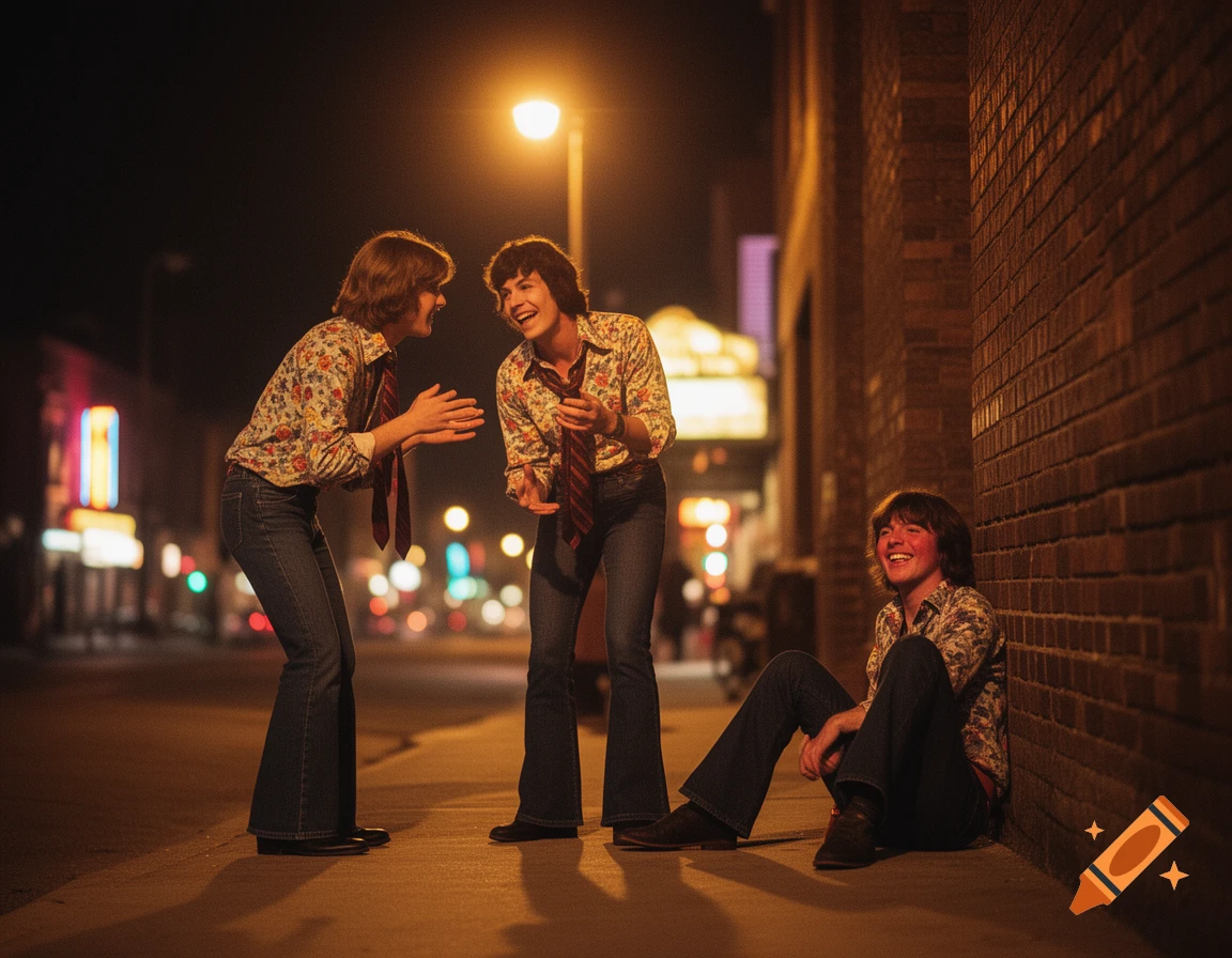 Three young men in 1970s attire laugh on a dimly lit city sidewalk at night.