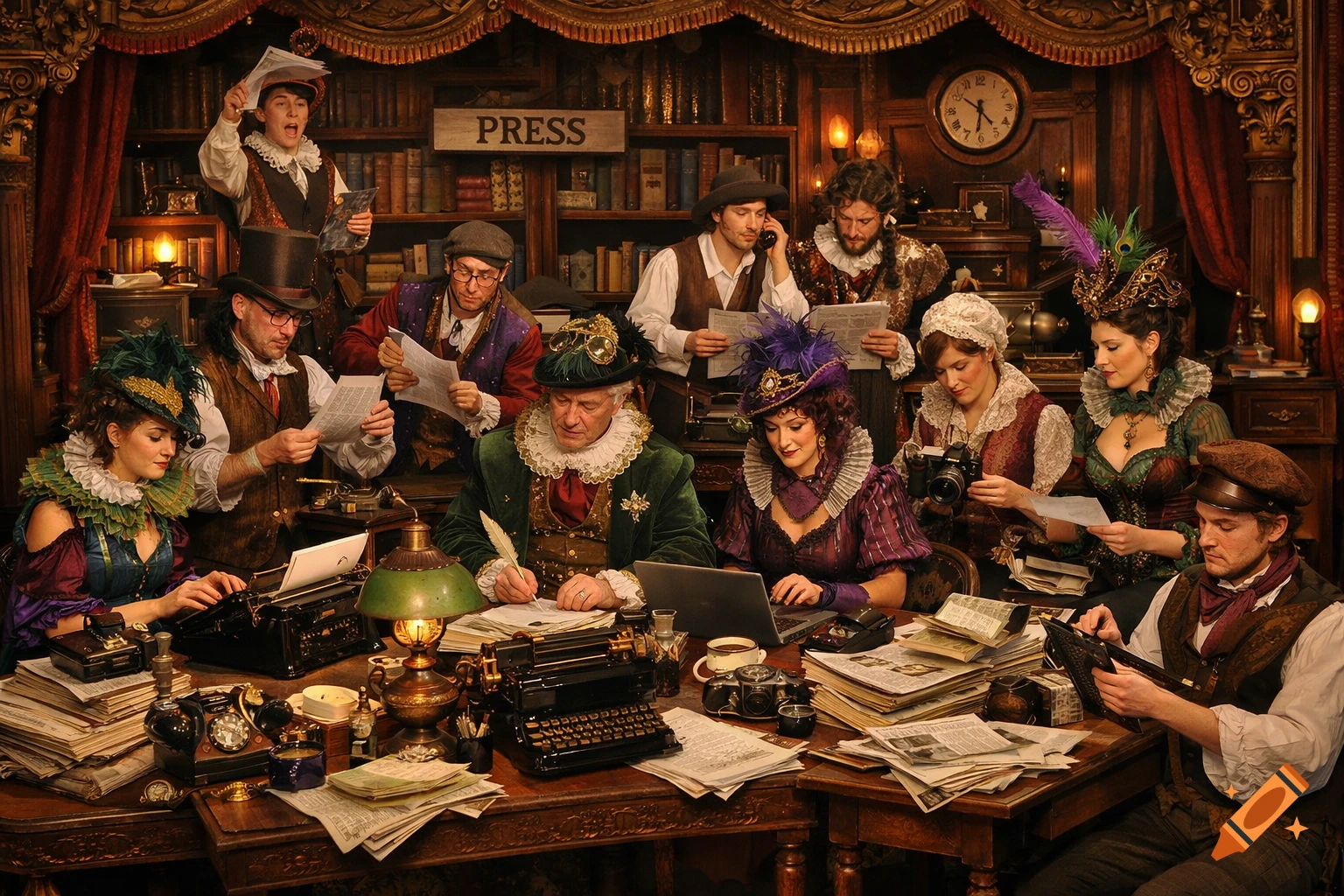 A busy, ornate vintage newspaper office with many people in classical and fantastical costumes working at typewriters and desks.