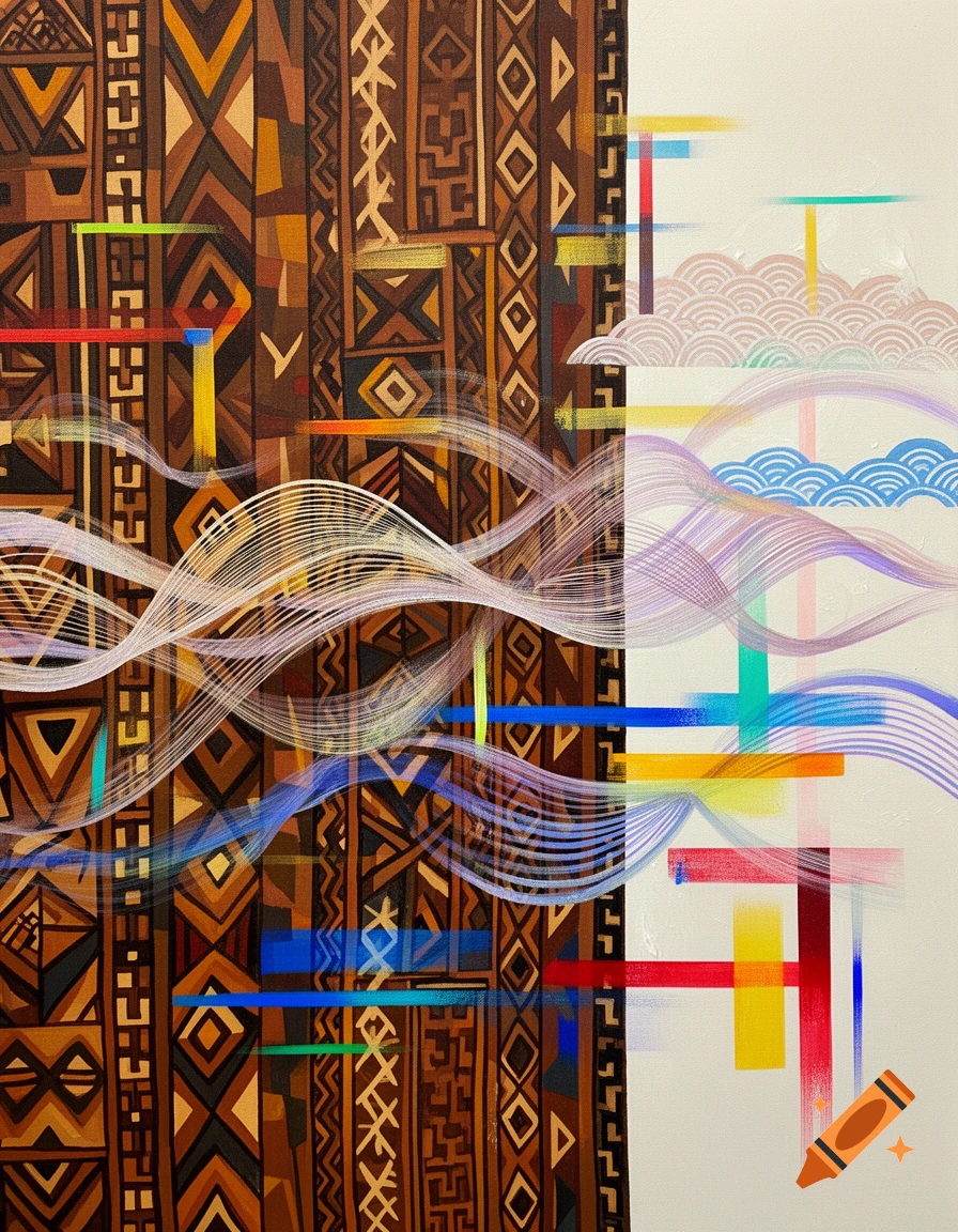 A mixed-media abstract artwork blending brown African patterns with white Japanese wave patterns, divided by colorful lines and white swirling ribbons.