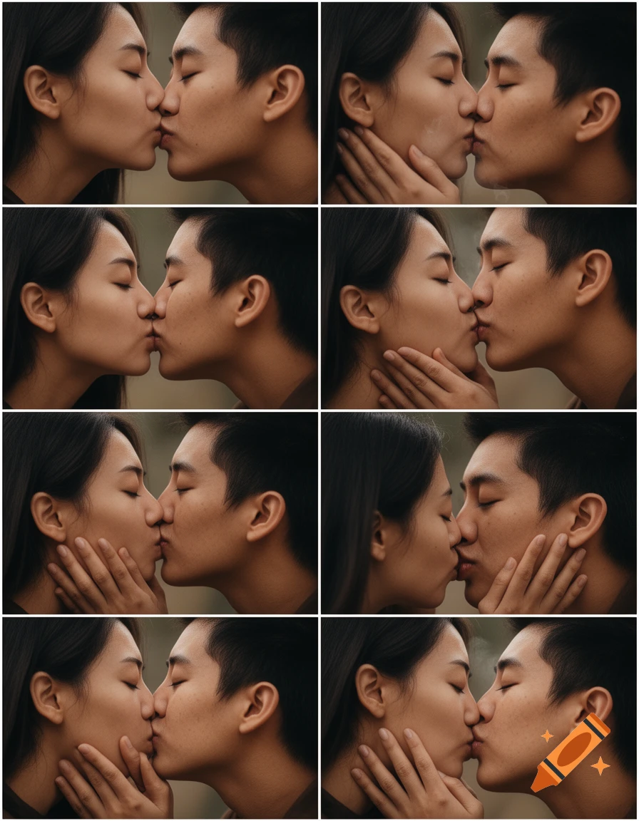 Eight close-up shots of an East Asian couple kissing.