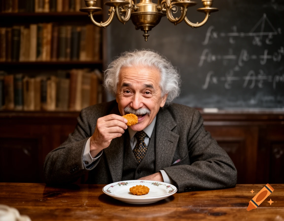 Photorealistic image of Albert Einstein in a suit and tie, smiling and eating a chicken nugget at a wooden table in a library.